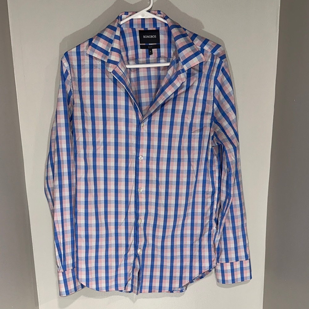 Bonobos Men's Casual Blue and Pink Plaid Shirt. Size M.